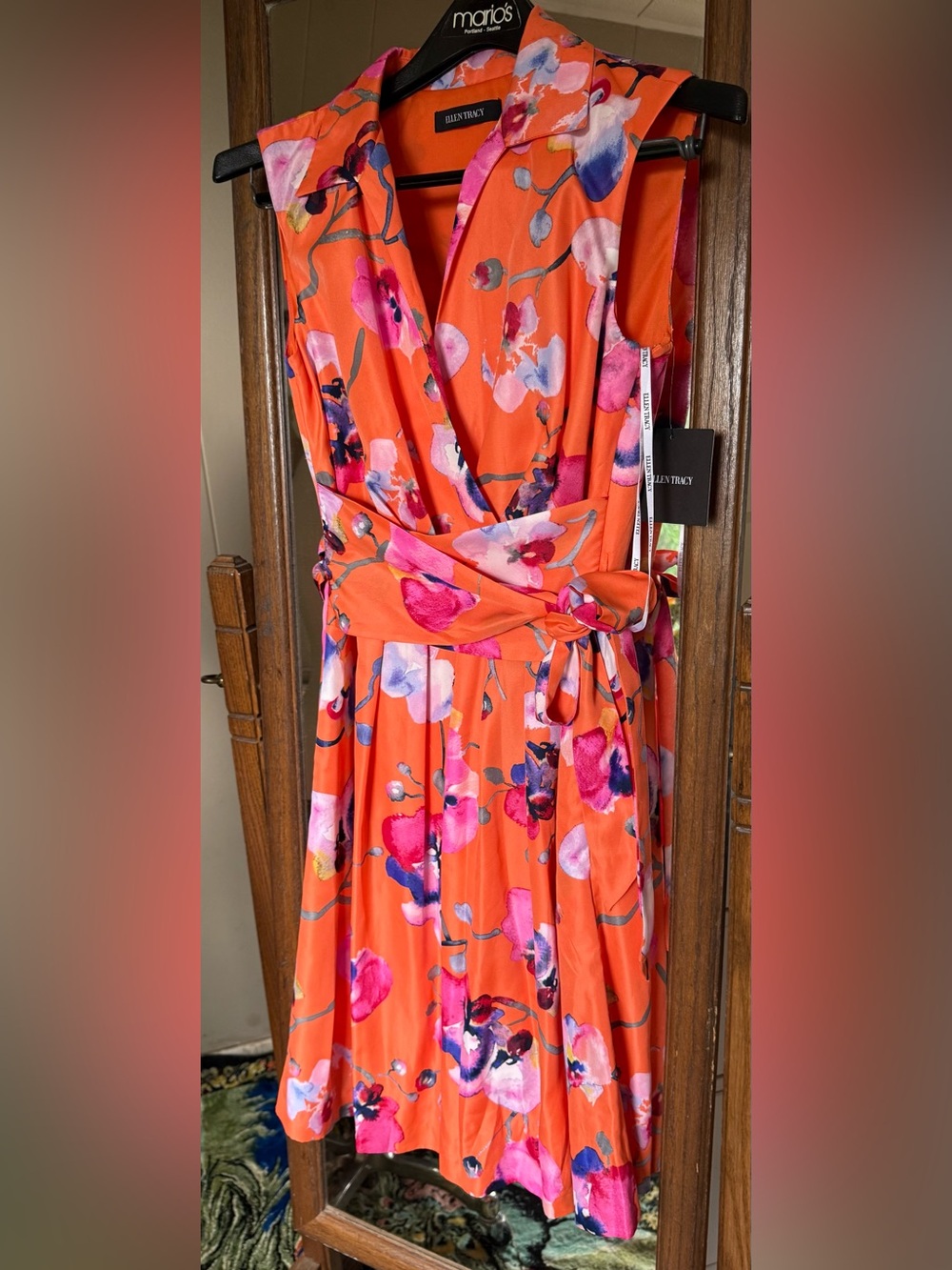 Ellen Tracy Orange Multicolor Floral Sleeveless Dress Size 4 Pockets NEW W/tags